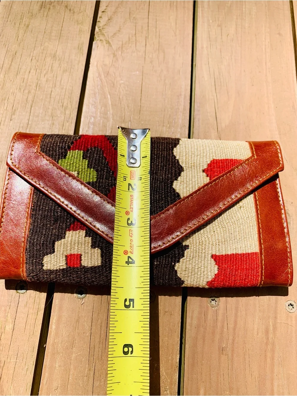 Handwoven Envelope Clutch with Brown Leather Trim in Brown and Red